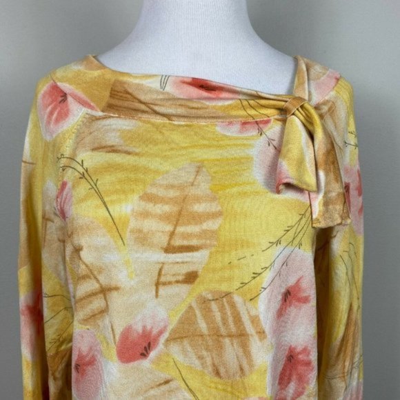 Pendleton Blouse Top L Silk Blend Floral Boatneck Tie 3/4 Sleeve Ribbed‎ Womens - Picture 2 of 9